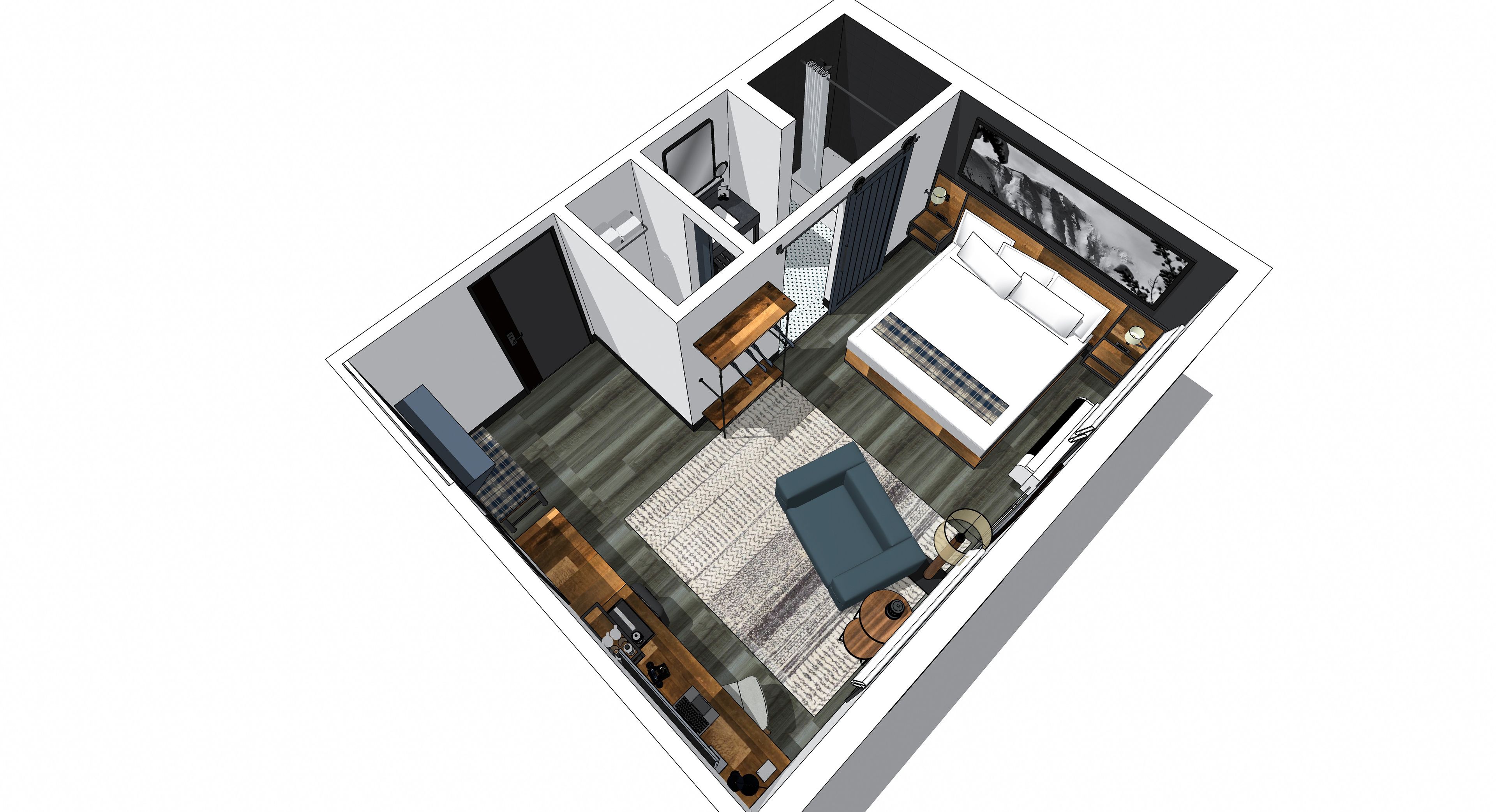 A 3D floor plan of a modern apartment with a bedroom, living area, kitchen, and bathroom.
