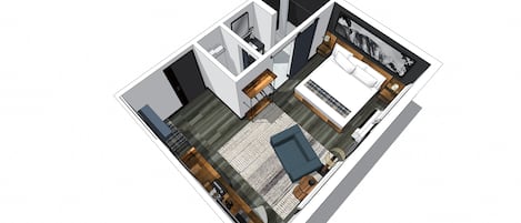 A 3D floor plan of a modern apartment with a bedroom, living area, kitchen, and bathroom.