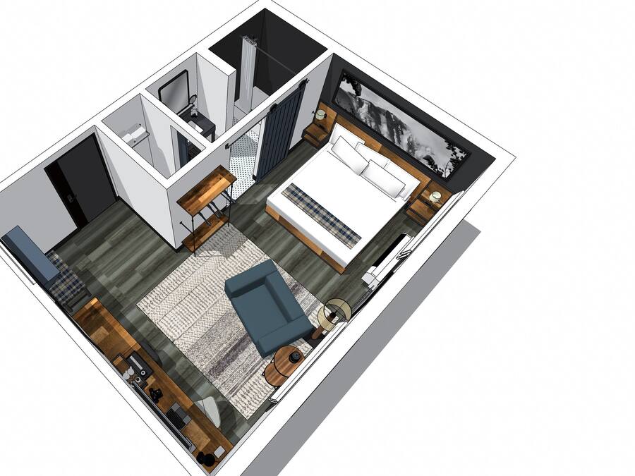 Plano de planta en 3D de un apartamento moderno, con dormitorio, sala de estar, cocina y baño.