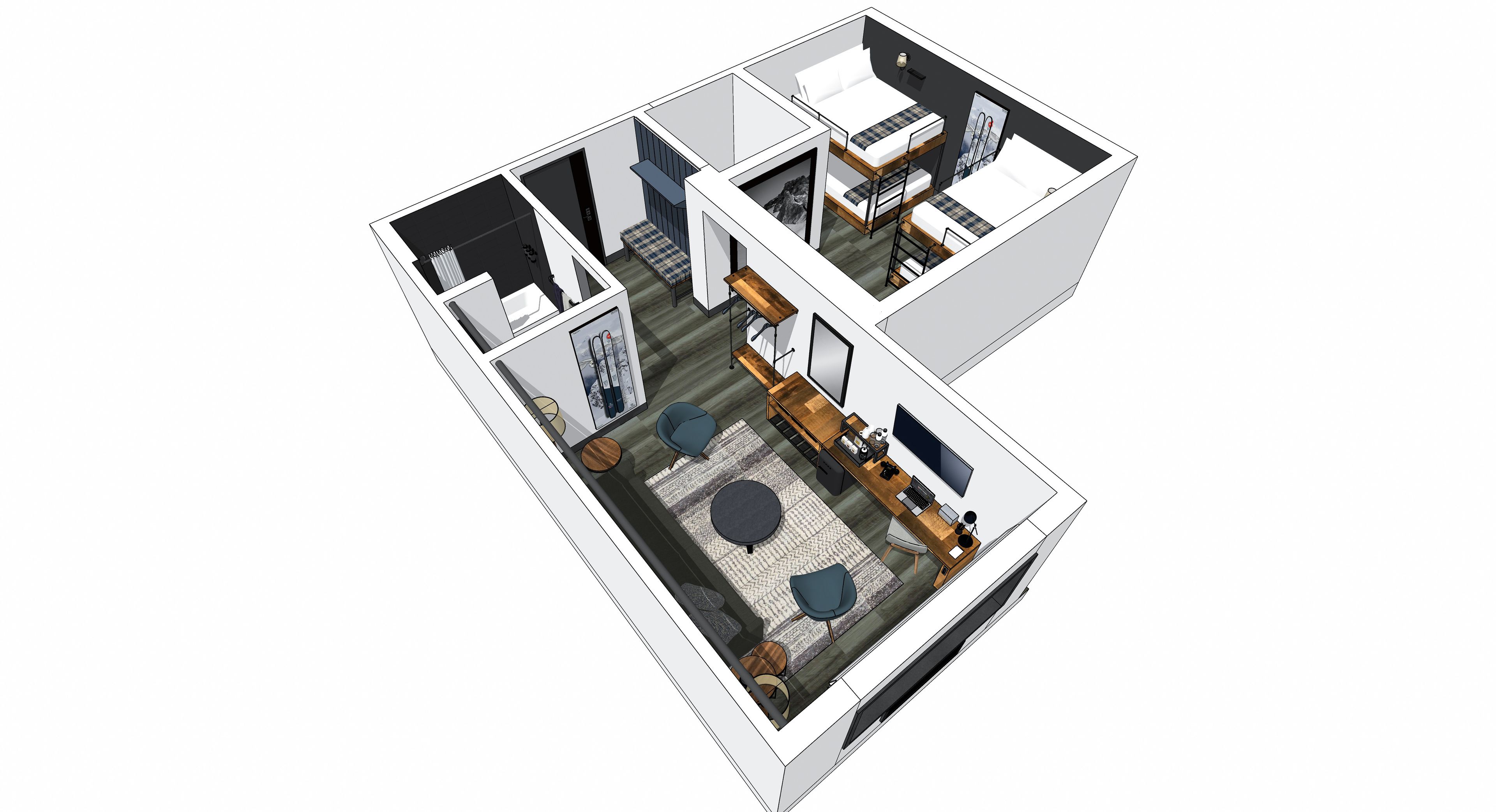 A 3D floor plan of a hotel room with a bed, seating area, and a small kitchenette.