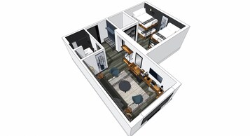 Plano de planta en 3D de una habitación de hotel con cama, zona de estar y una pequeña kitchenette.