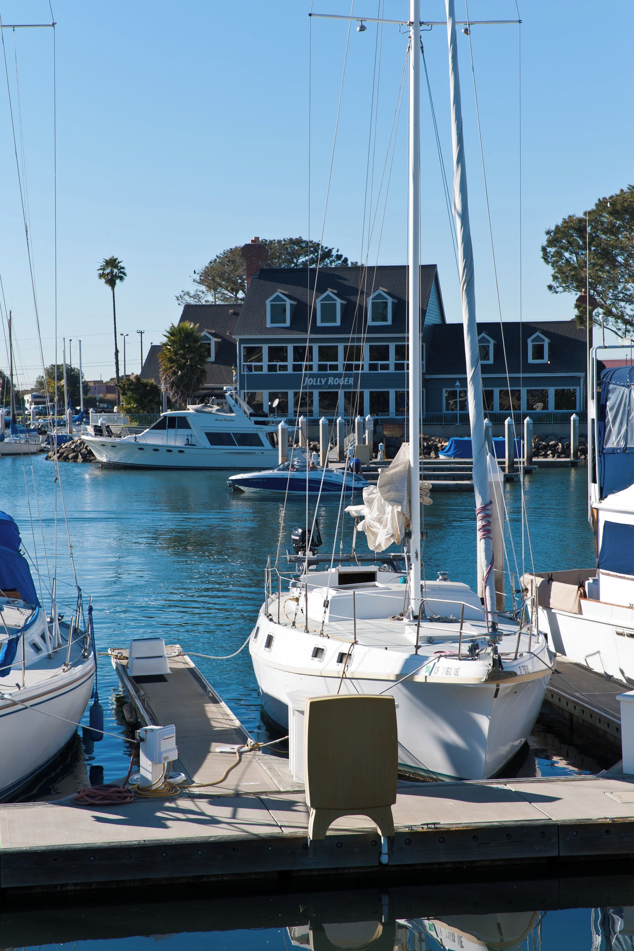 A marina with boats docked, a building with a sign, and a clear sky.