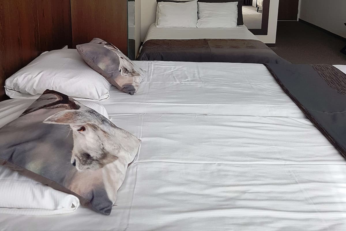 Ein Hotelzimmer mit zwei Betten, jeweils mit weißen Laken und dekorativen Kissen.