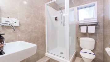 A bathroom with a glass-enclosed shower, a white sink, and a toilet with a blue stripe.
