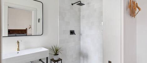 A modern bathroom with a white sink, a mirror, a shower with a black handle, and a small plant on a side table.