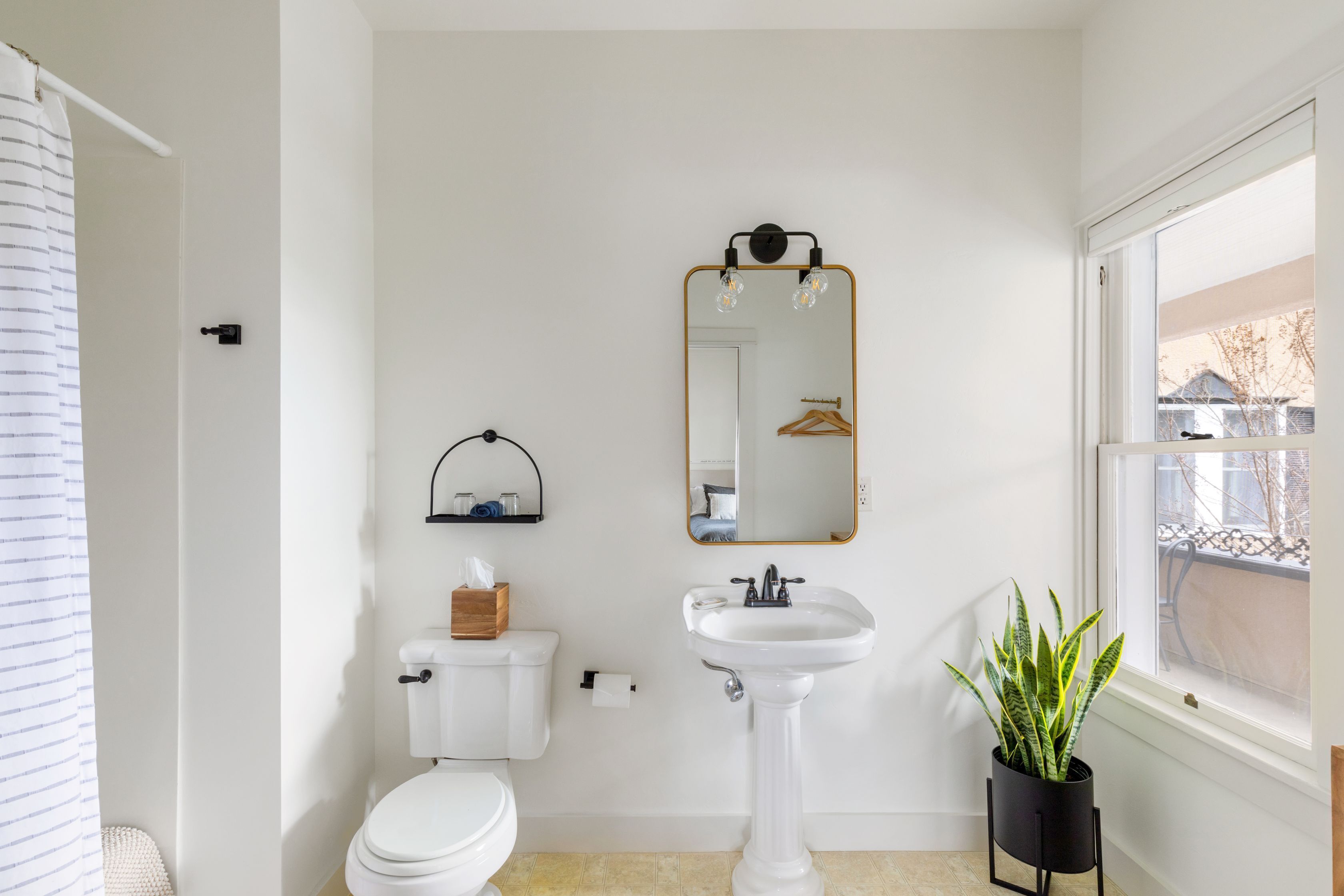 A bathroom with a toilet, sink, mirror, and potted plant.