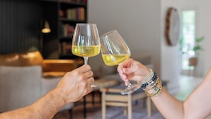 Two people holding wine glasses in a modern living room with a bookshelf and pendant lights. - Magnolia Hotel (Jacksonville)