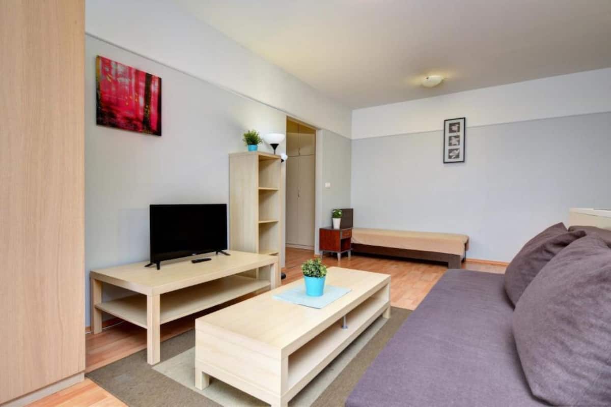 A modern living room with a flat-screen TV, wooden coffee table, and a sofa.