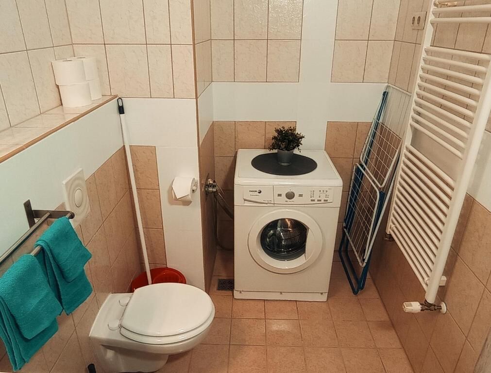 Une petite salle de bain comprenant des toilettes, un lave-linge et un radiateur.