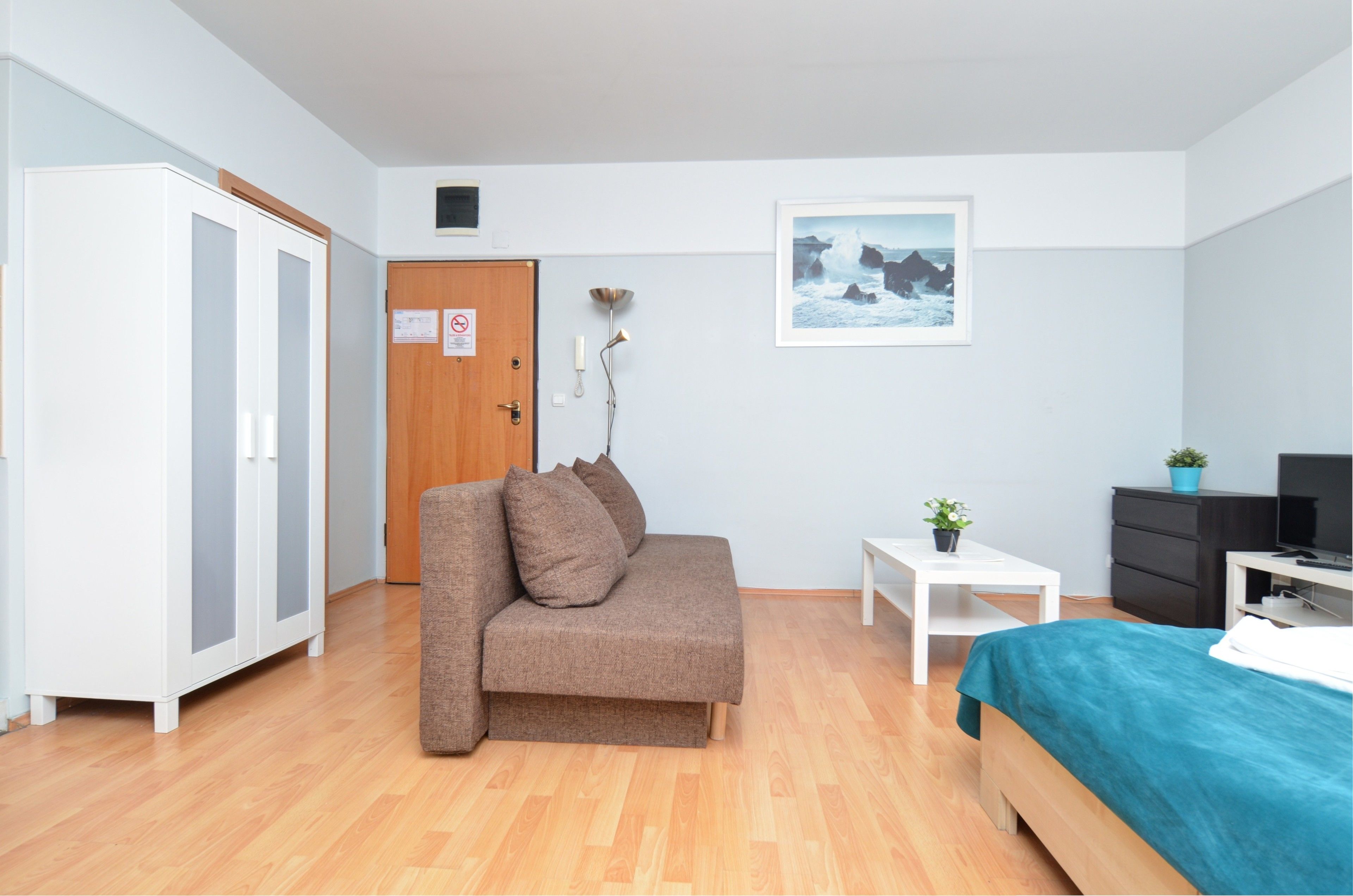 Ein modernes Schlafzimmer mit Holzboden, einem braunen Sofa, einem Bett mit türkisfarbenem Überwurf, einem Fernseher, einem kleinen Tisch mit Pflanze und einem Kleiderschrank.