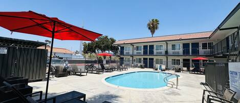 A pool area with lounge chairs and umbrellas, a building with balconies, and a palm tree.