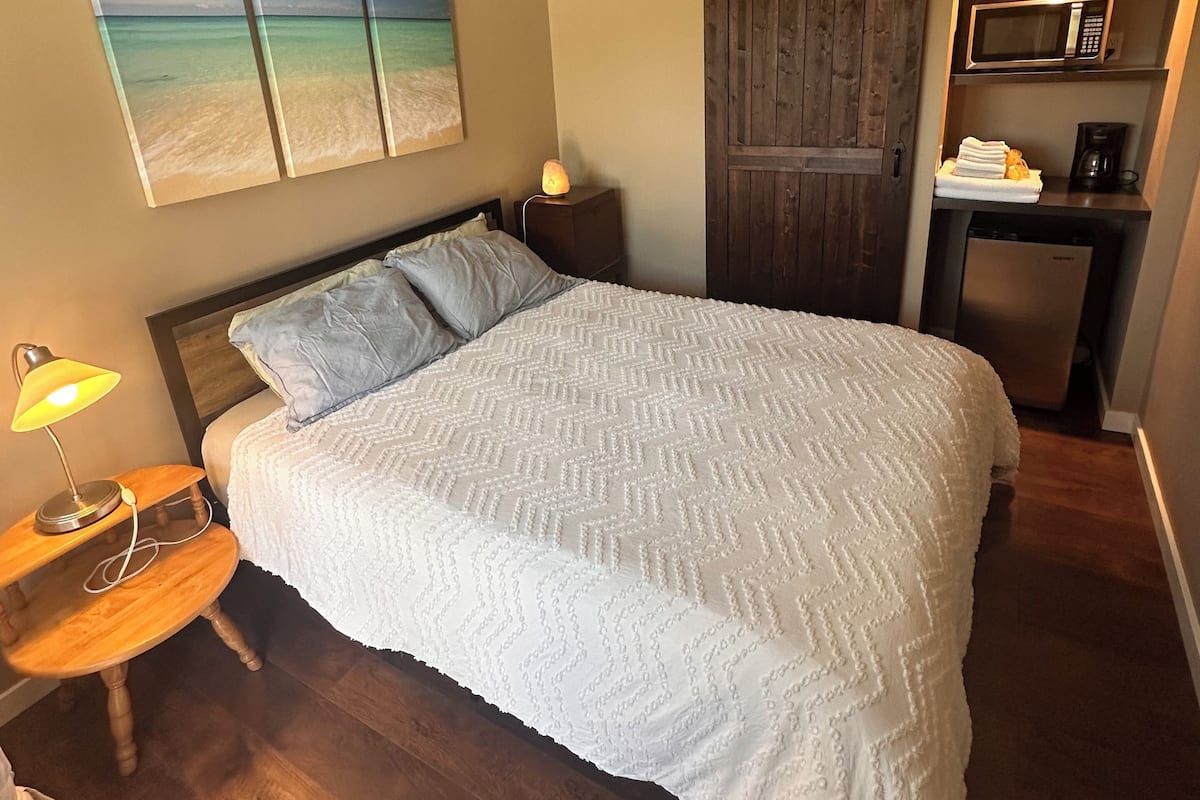 Ein Schlafzimmer mit Bett, Deckenventilator, Nachttisch mit Lampe, Wandgemälde, Holztür und einer Küchenzeile.