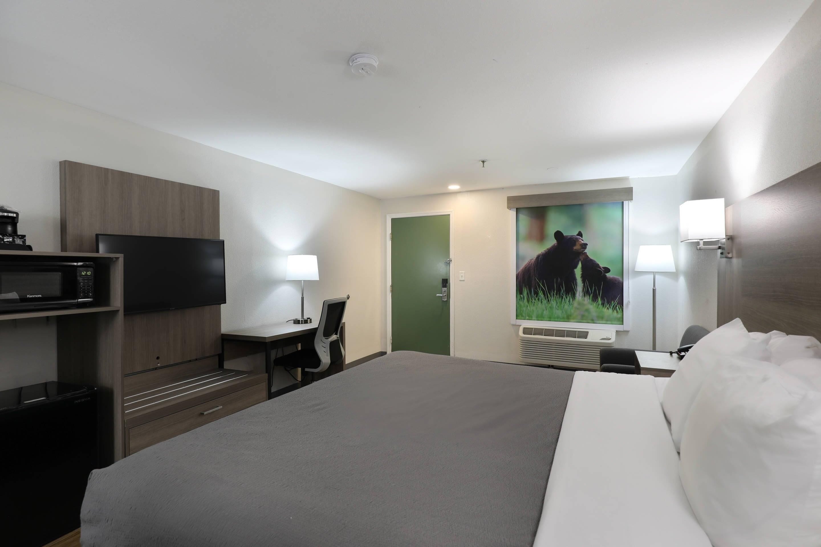 Ein Hotelzimmer mit einem Bett, einem Schreibtisch, einem Sessel, einem Fernseher, einer Mikrowelle und einer Tür.