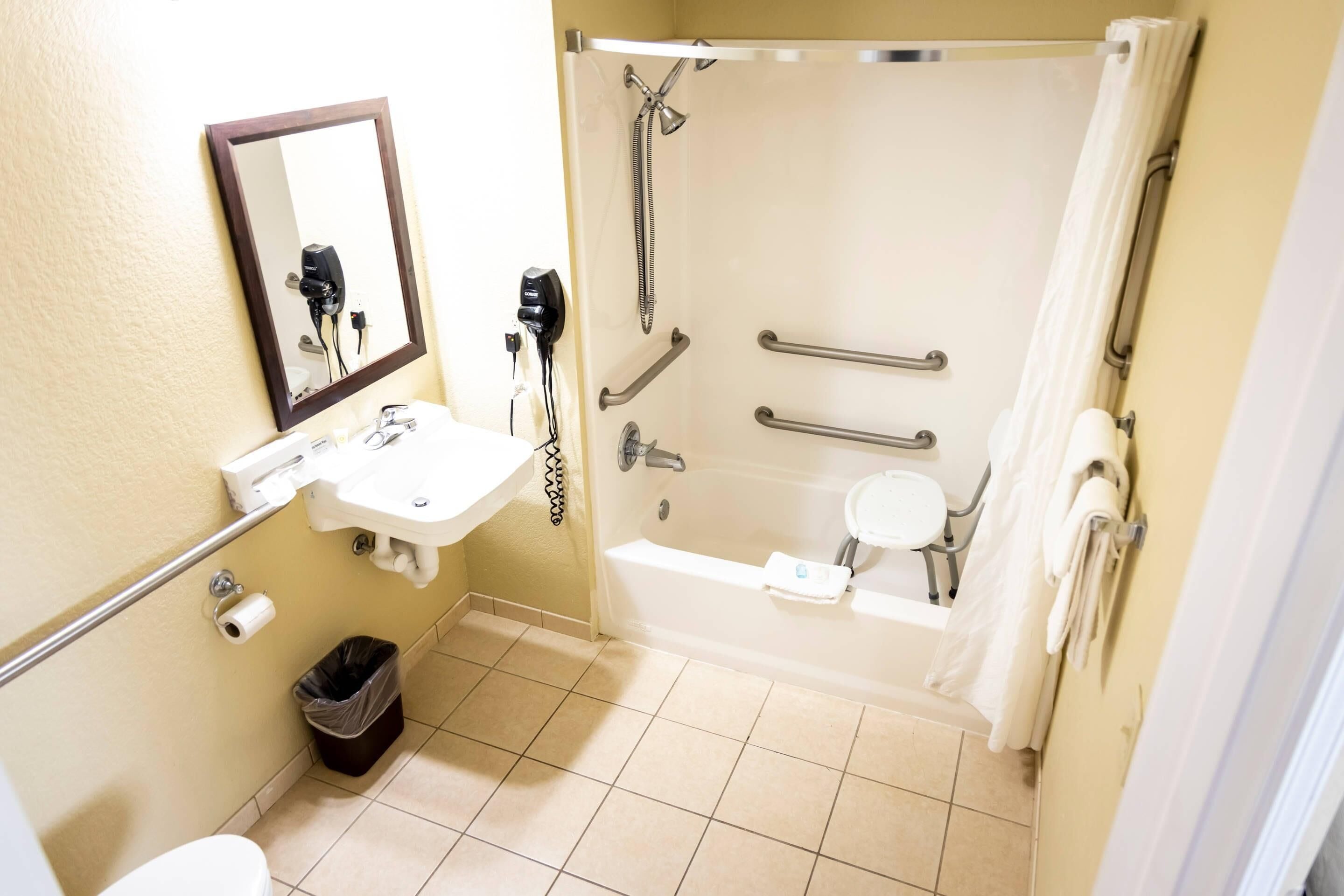A bathroom with a sink, mirror, toilet, and a walk-in shower with grab bars.