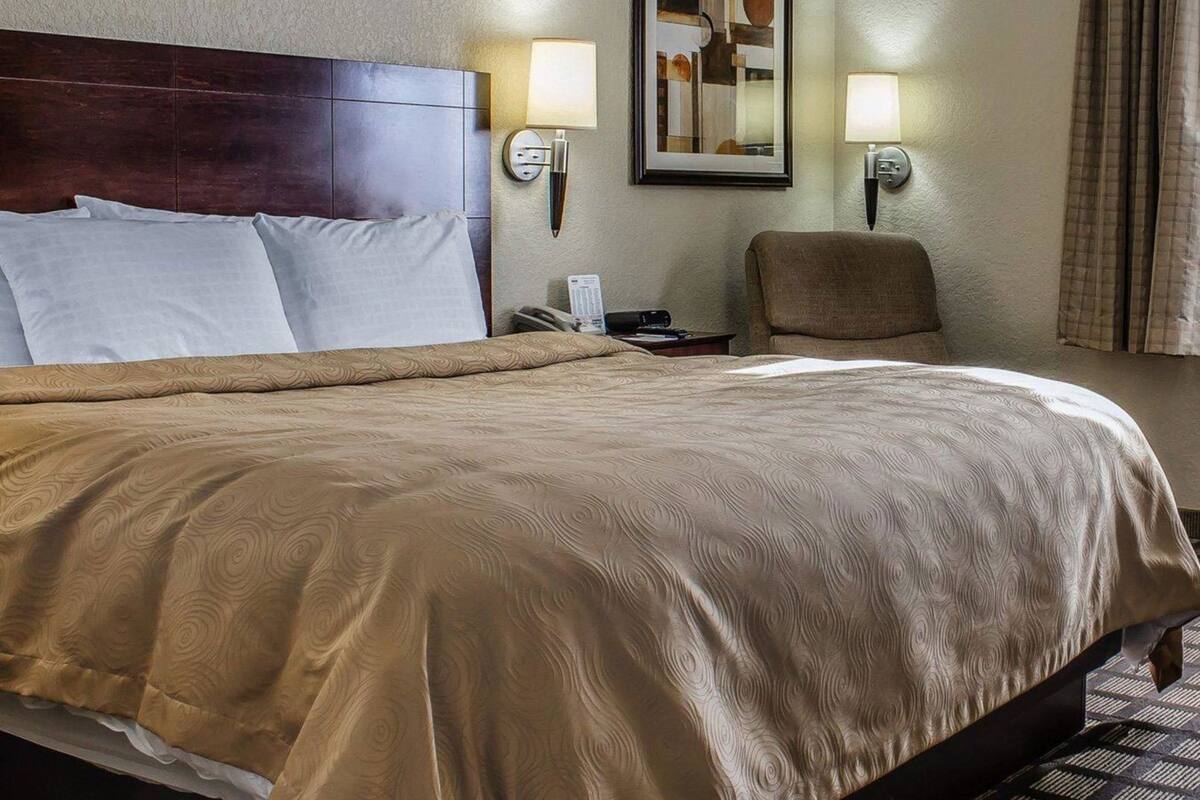 Une chambre d’hôtel avec un grand lit, deux lampes de chevet, une œuvre d’art encadrée au mur, une chaise et un téléphone.