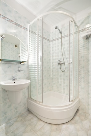 Shower, free toiletries, hair dryer, towels