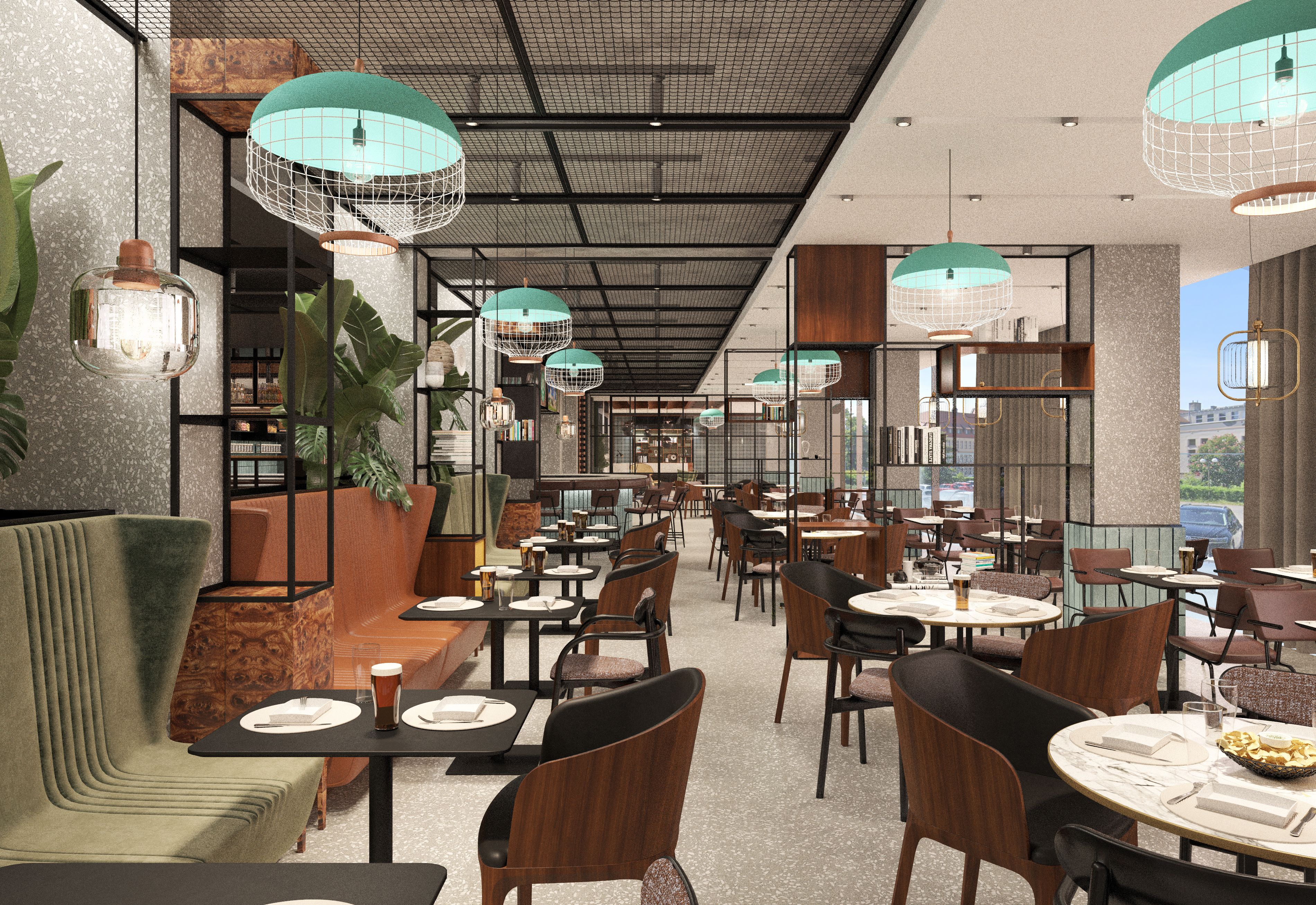 L’intérieur d’un restaurant présente plusieurs espaces de restauration, notamment des banquettes et des tables, ainsi que des luminaires suspendus.