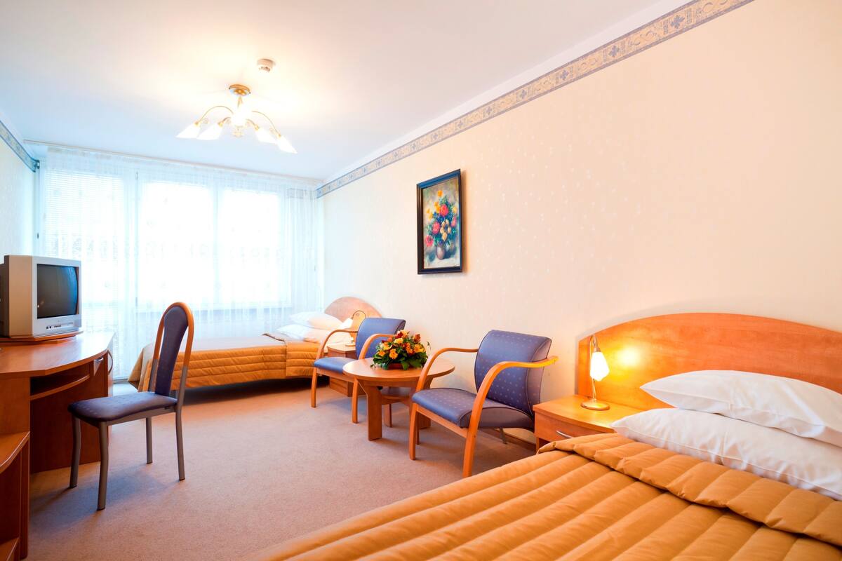 Desk, blackout curtains, iron/ironing board (on request), free WiFi