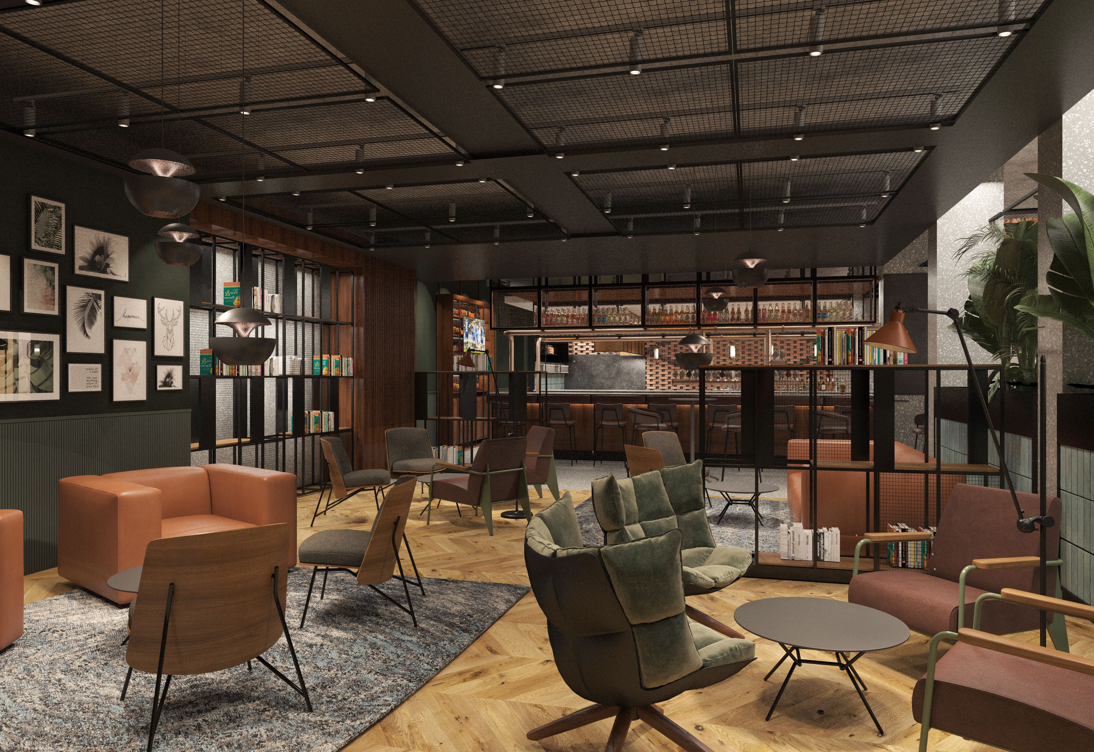 Un área de lounge moderna con asientos, estanterías y bar.