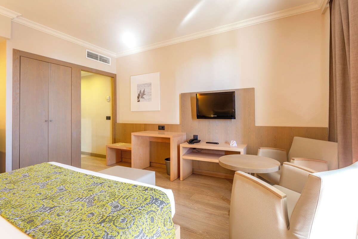 Een hotelkamer met een bed, een bureau, een stoel, een televisie en een kleine tafel.