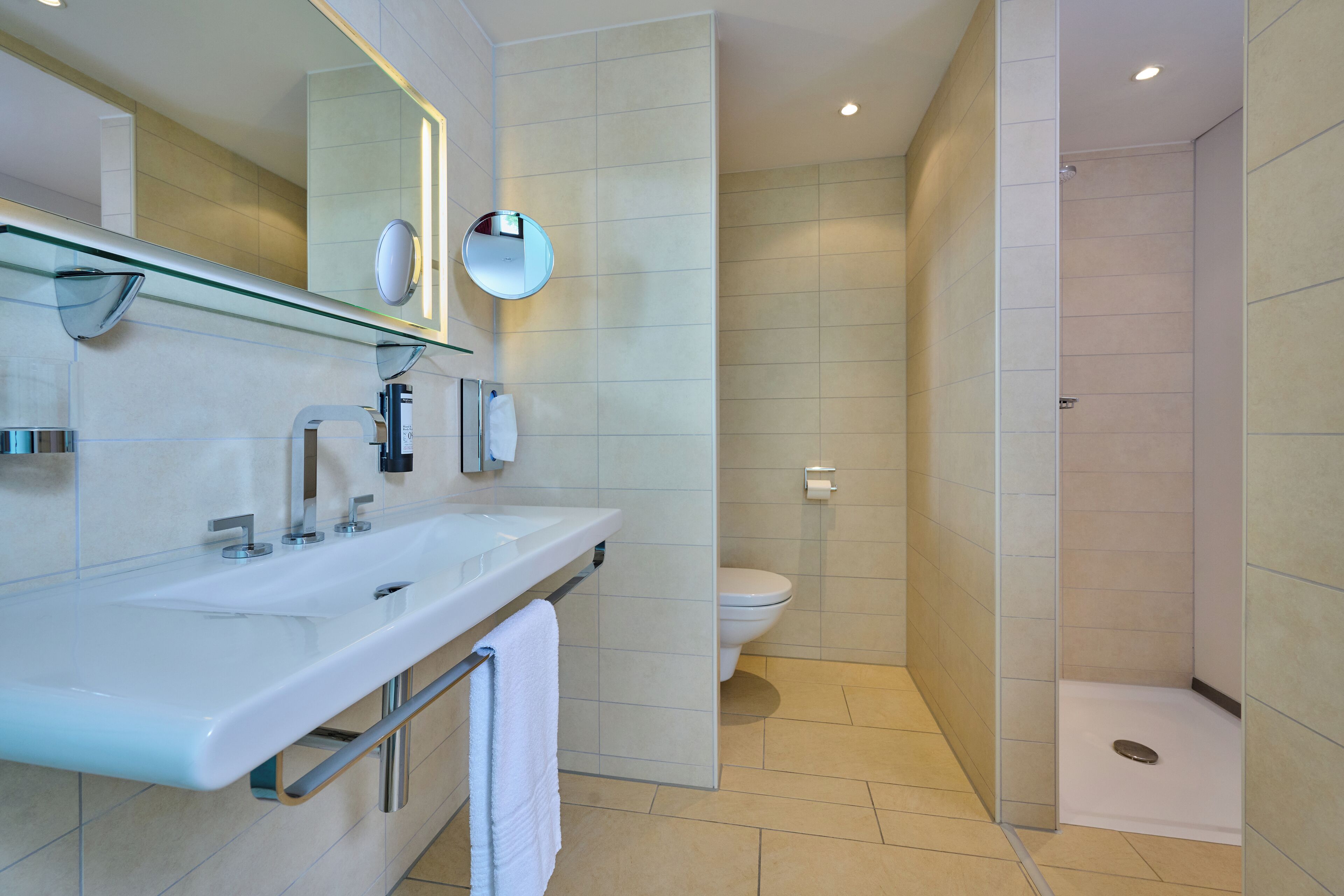 A modern bathroom with a glass shower enclosure, a white sink with a mirror, and a toilet.
