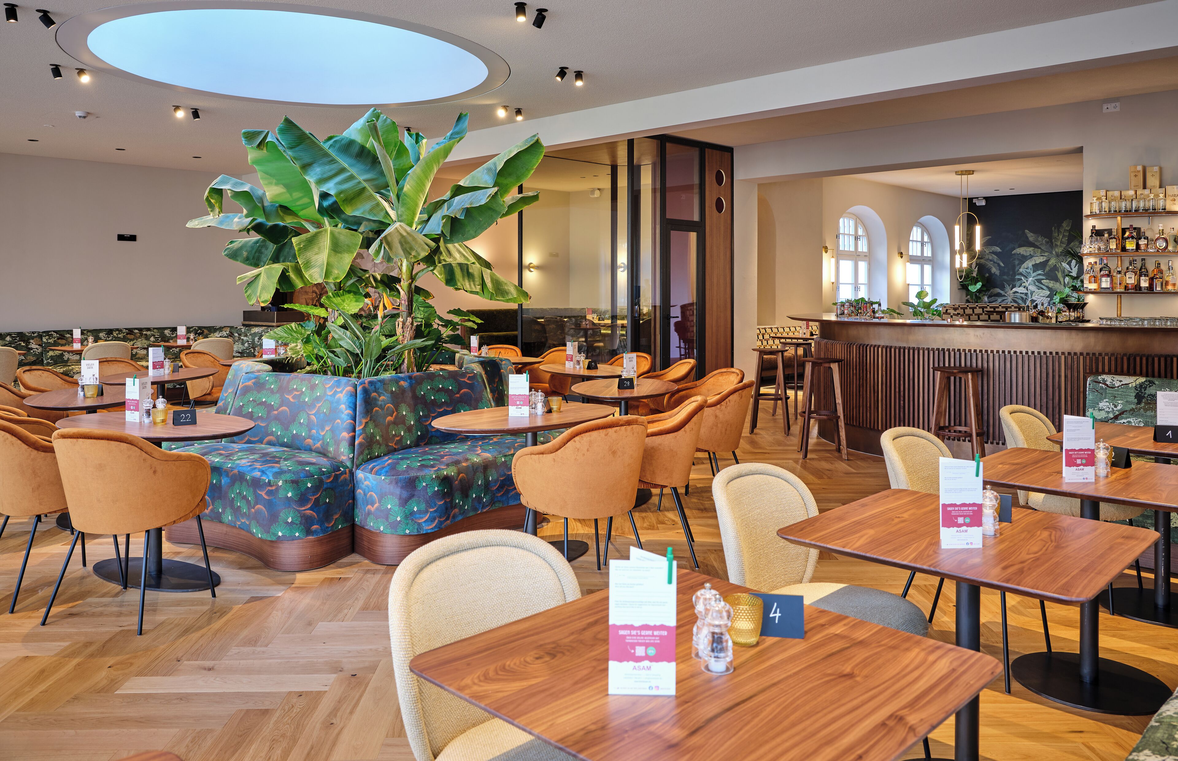 A modern restaurant with round tables, cushioned seating, and a large plant centerpiece.