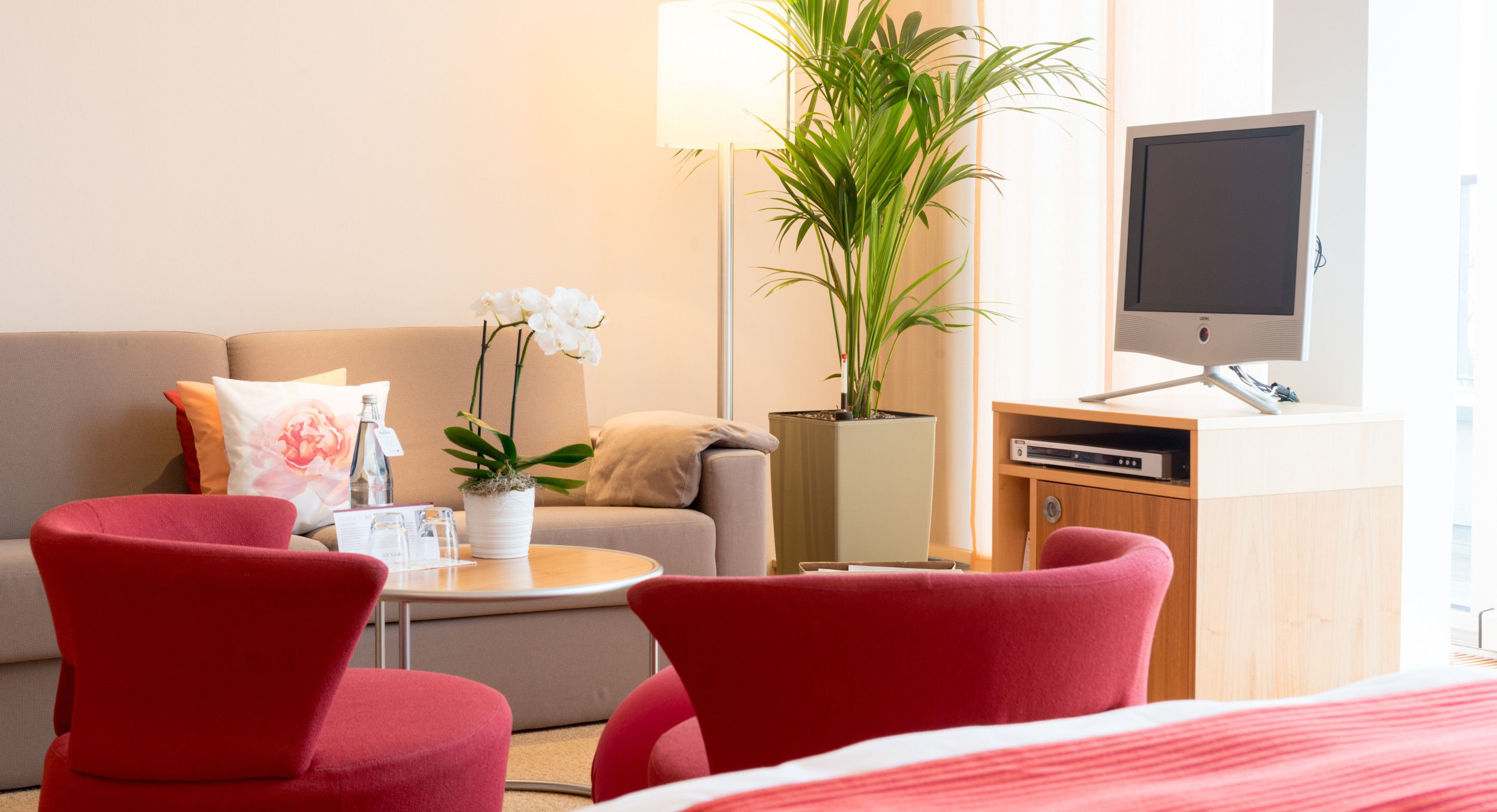 A modern hotel room with a sofa, two red chairs, a small table with a plant, a television, and a cabinet.