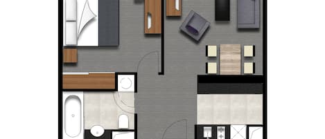 A one-bedroom apartment layout with a bedroom, bathroom, kitchenette, and living area.