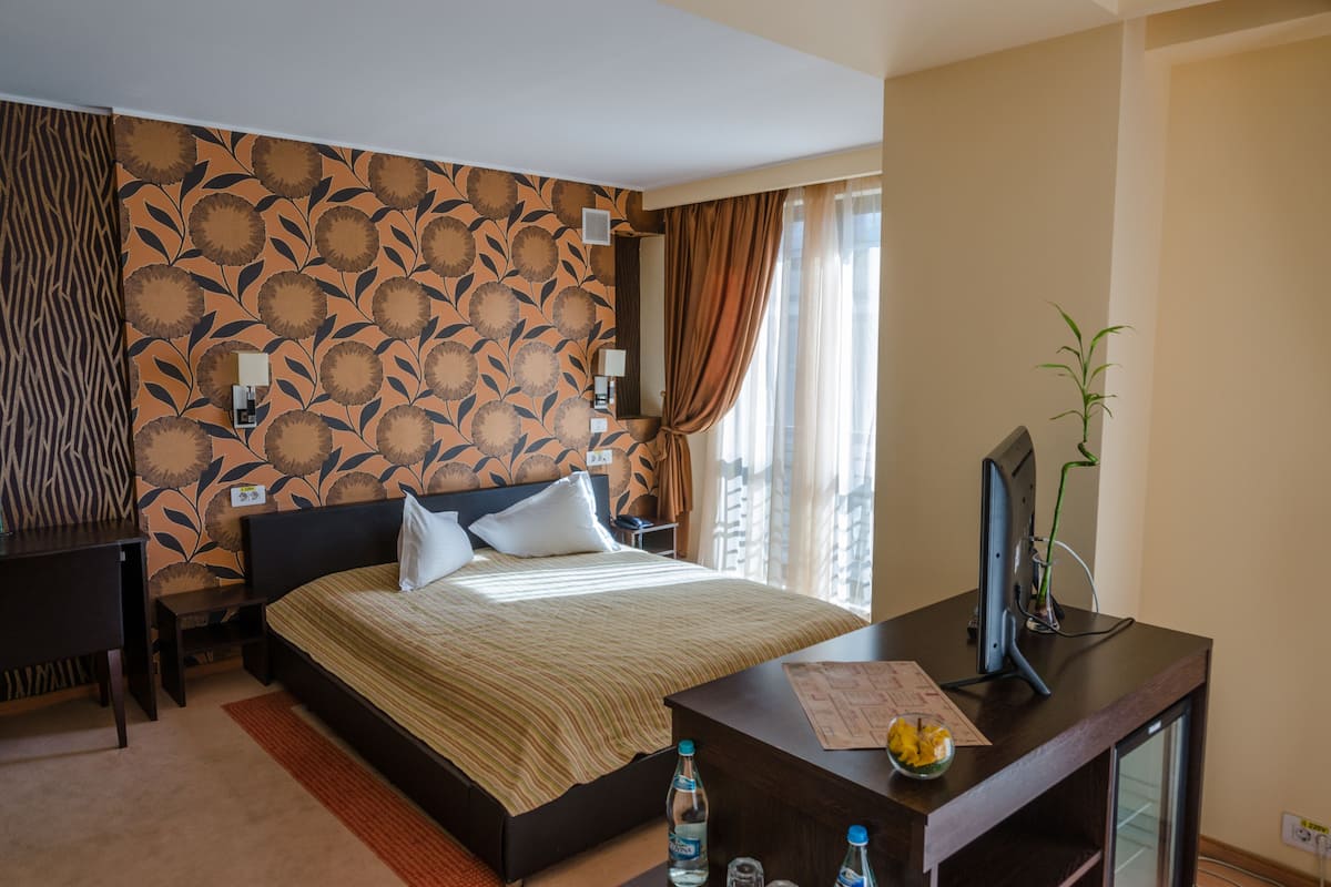 A hotel room with a bed, a desk, a television, and a plant.