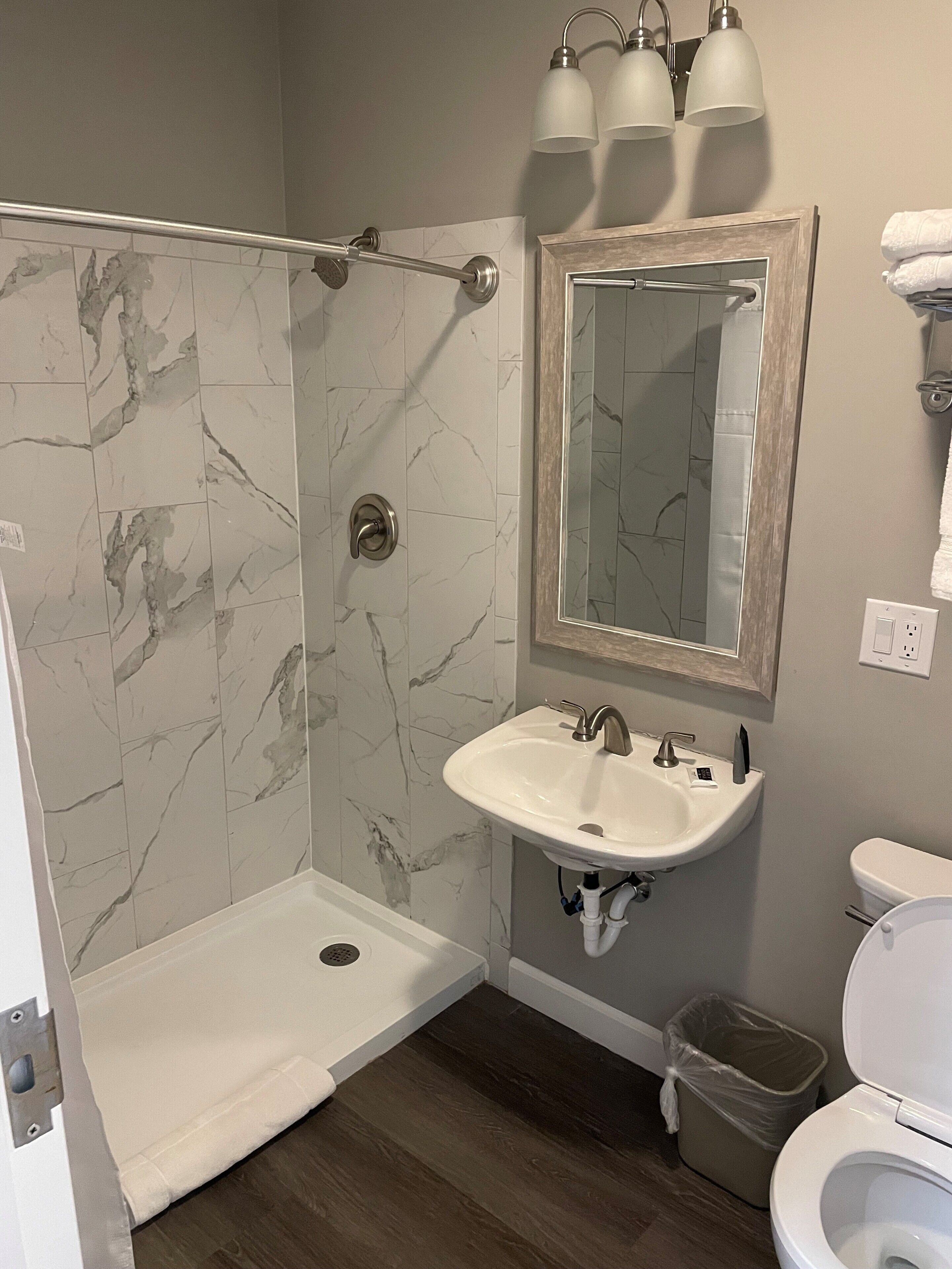 shower, free toiletries, hair dryer, towels