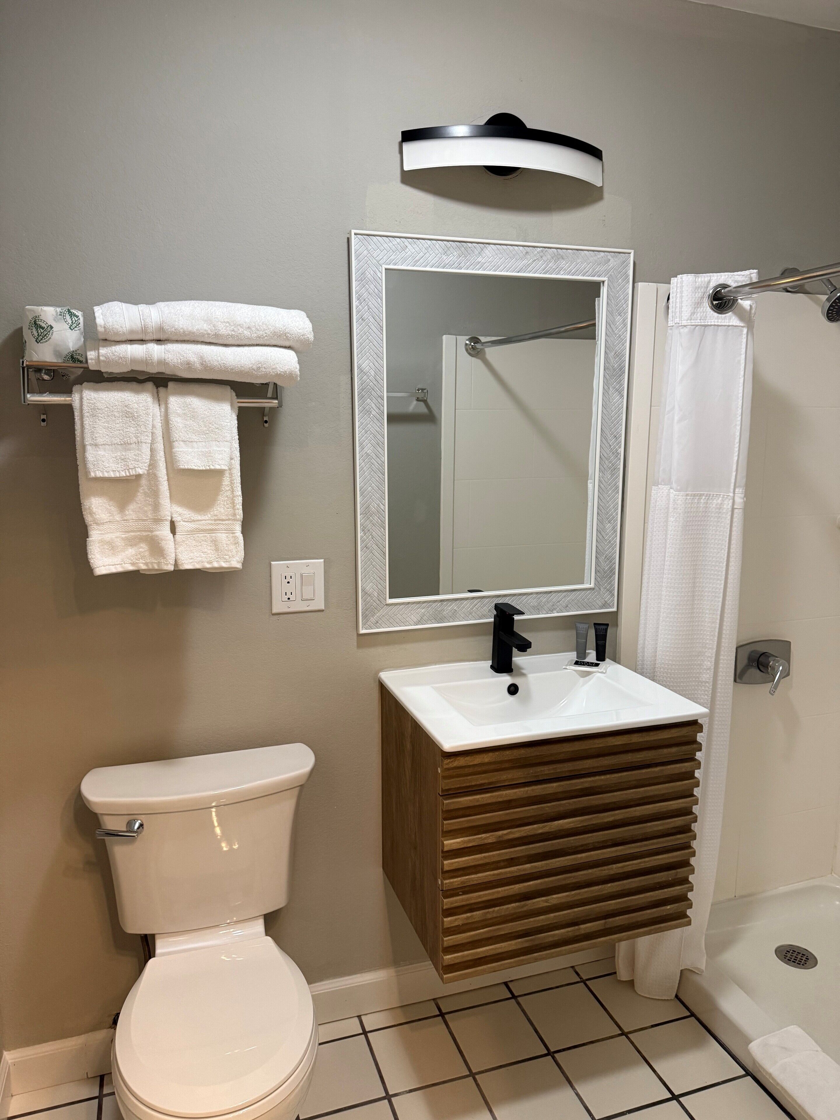 deluxe room | bathroom | shower, free toiletries, hair dryer, towels