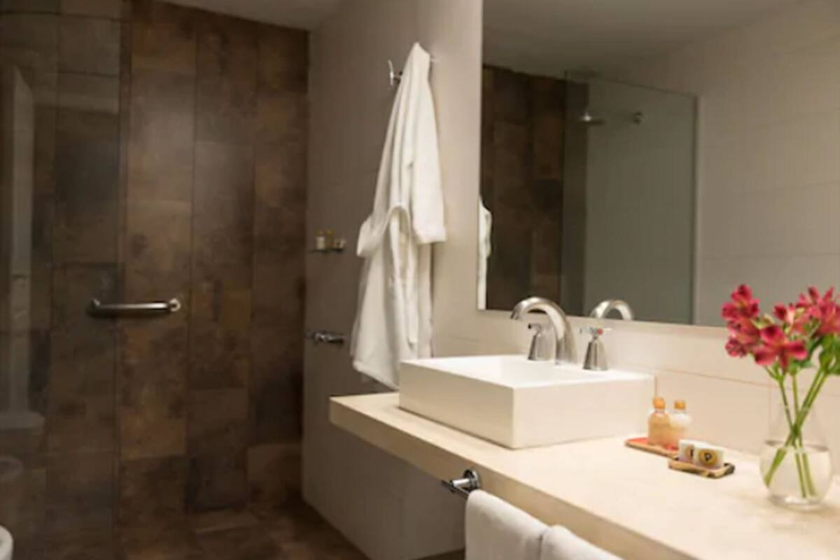 combined shower/bathtub, rainfall showerhead, free toiletries