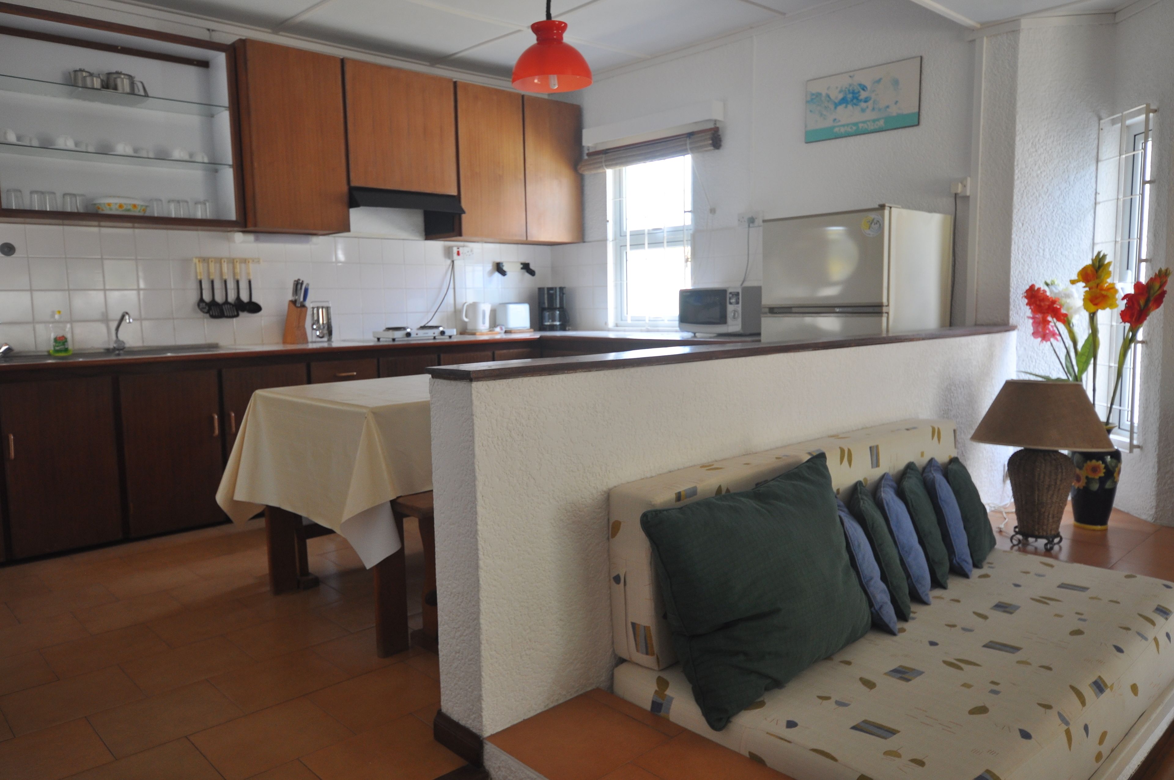 A compact kitchen with wooden cabinets, a dining table, a sofa with patterned cushions, and a small TV.