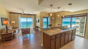 Microwave, coffee/tea maker, toaster, cookware/dishes/utensils