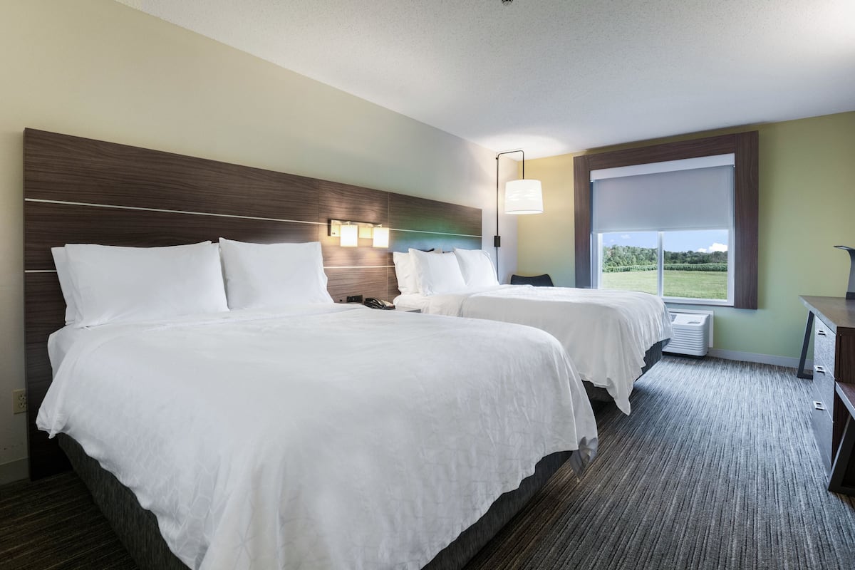 A hotel room with two beds, a large window with a view, a desk, and a lamp.