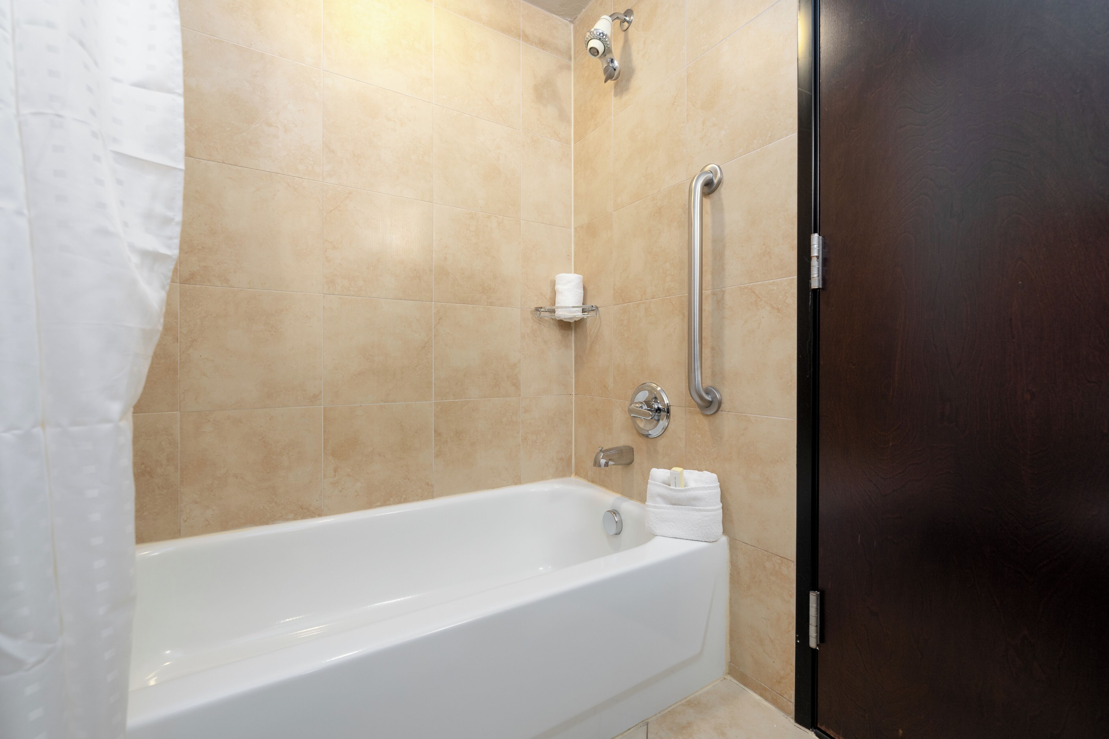 A bathroom with a bathtub, a shower, and a dark wooden door.