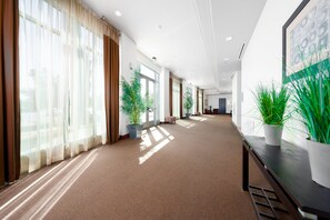 Un hall d’entrée spacieux, doté de grandes fenêtres, de plantes en pot et d’un banc en bois.