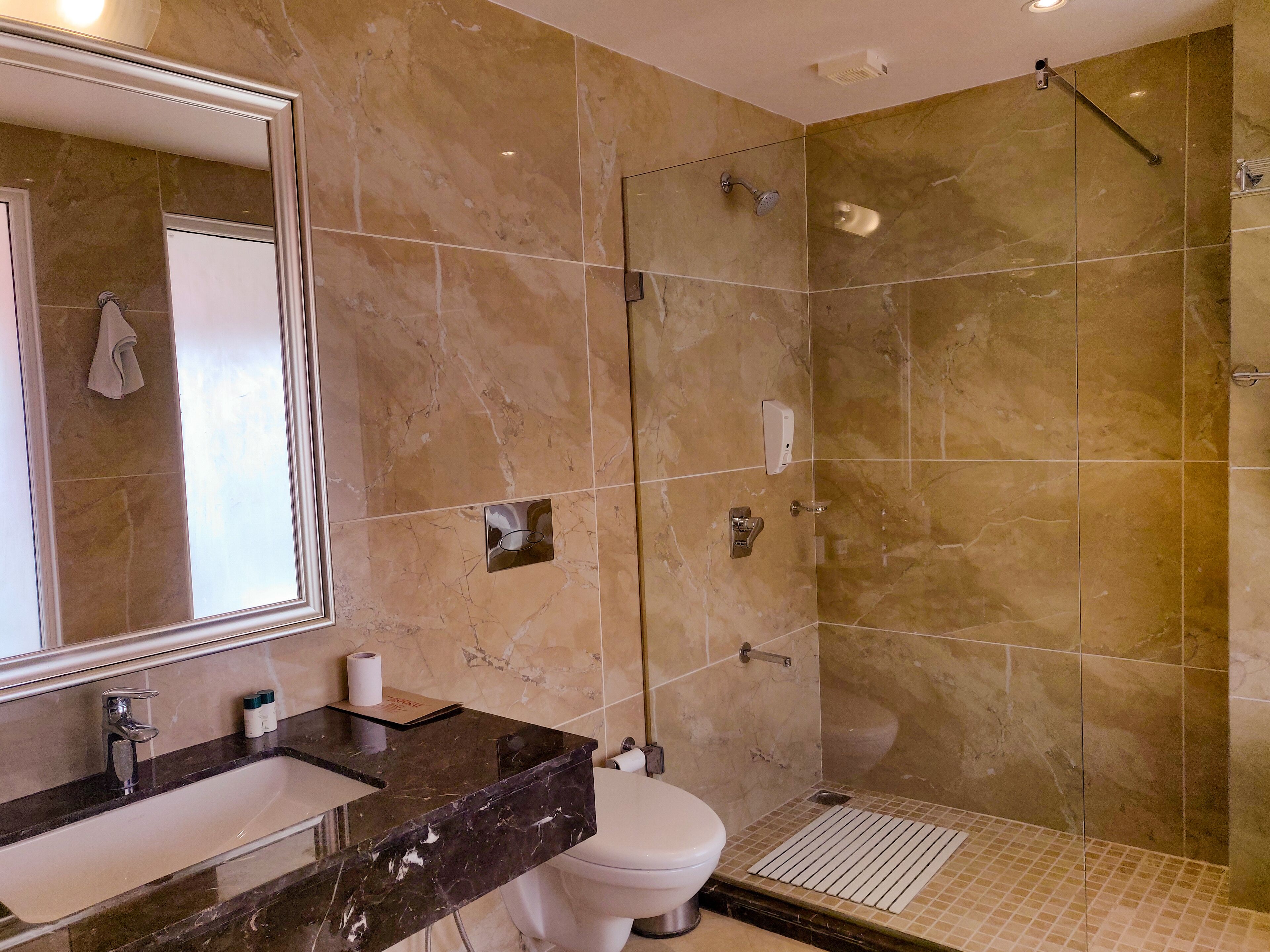 Une salle de bain avec un lavabo en marbre, des toilettes et une douche à l’italienne dotée d’une porte en verre.