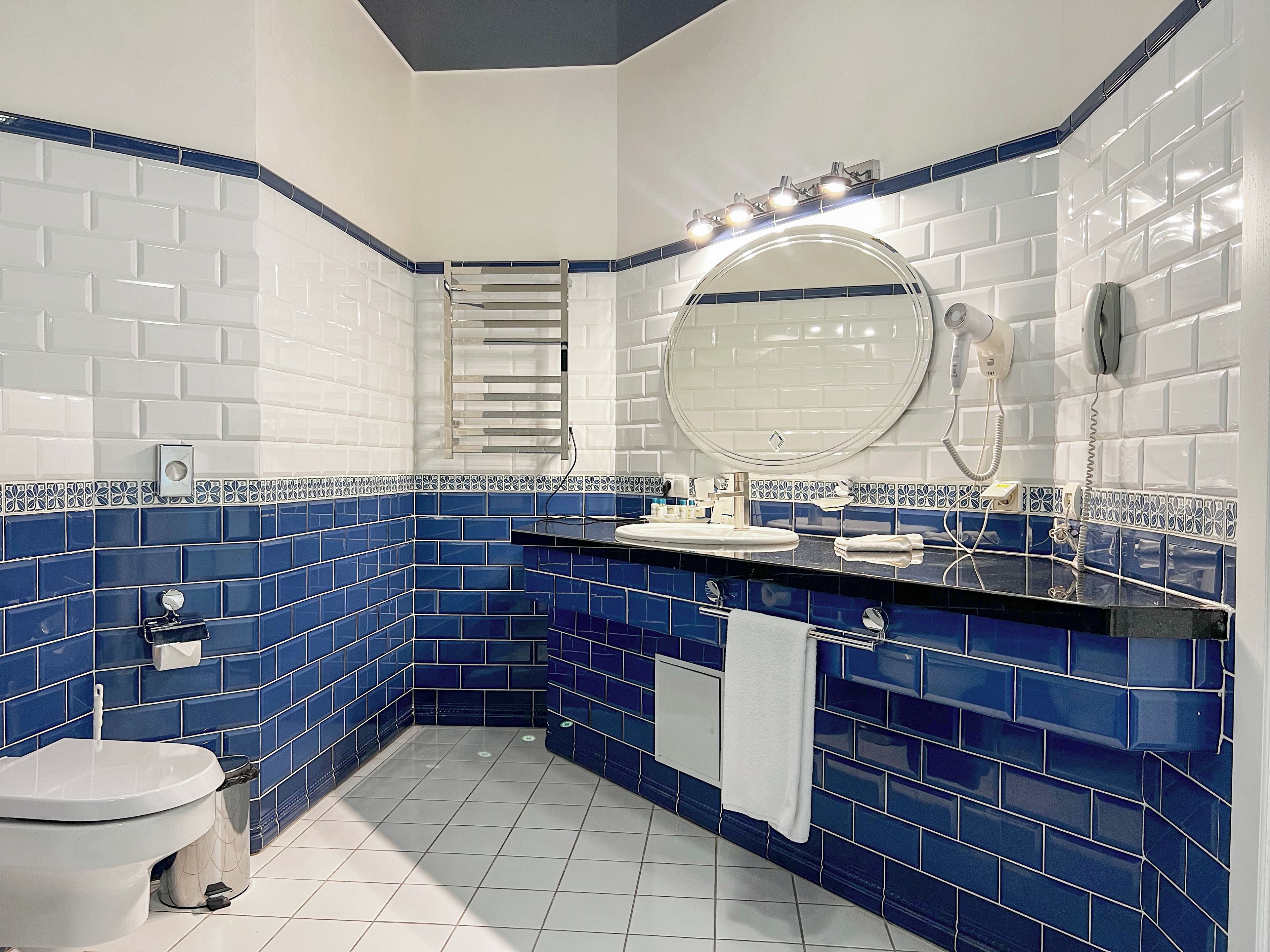 Ein Badezimmer mit einer weißen Toilette, einem Waschbecken mit Spiegel darüber und blautonierten Fliesen.