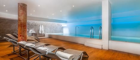 Indoor pool, open 9:00 AM to 9:00 PM, sun loungers