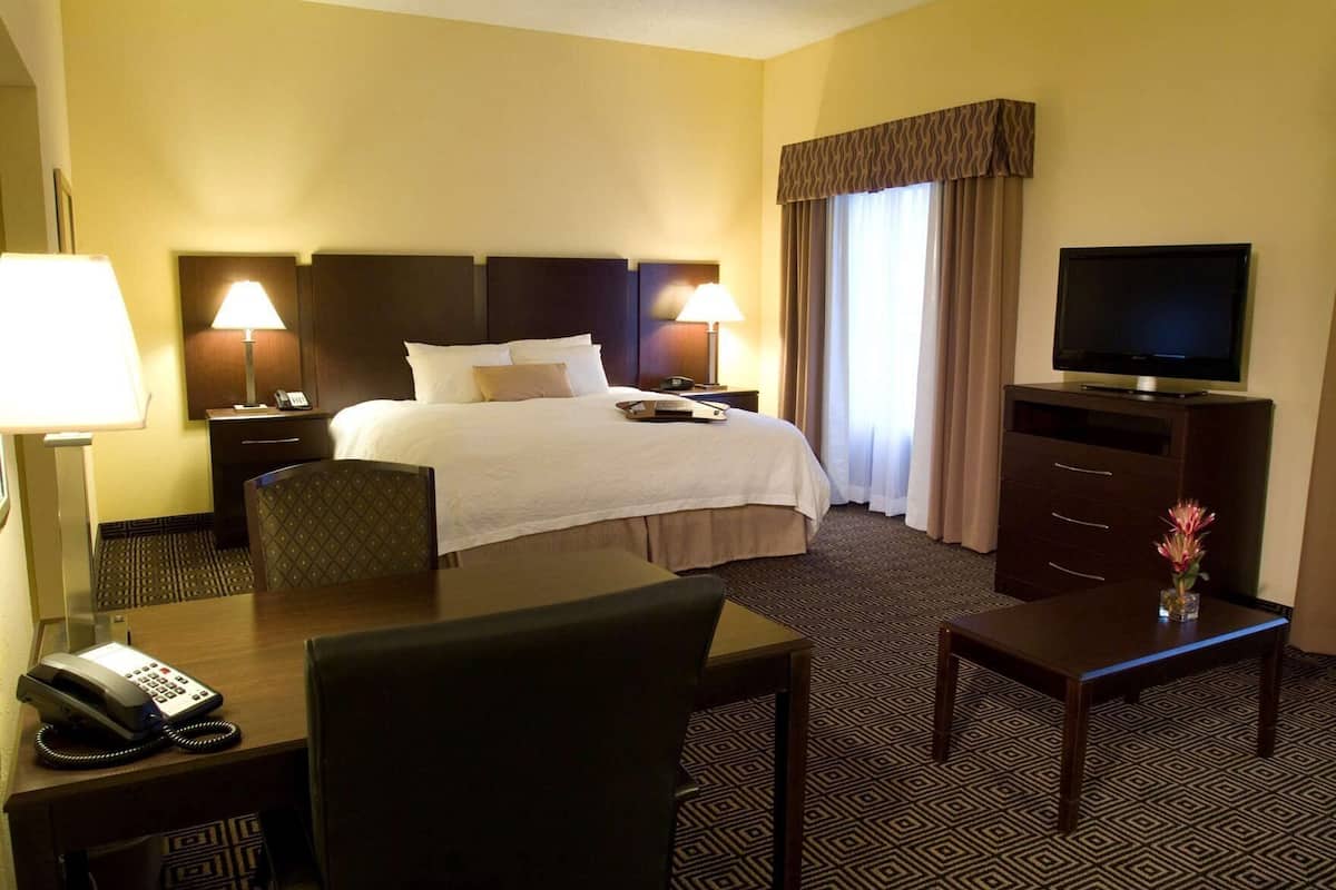 Ein Hotelzimmer mit einem Bett, zwei Nachttischen mit Lampen, einem Schreibtisch mit Telefon, einem Fernseher auf einem Standfuß und einem kleinen Tisch mit einer Vase.