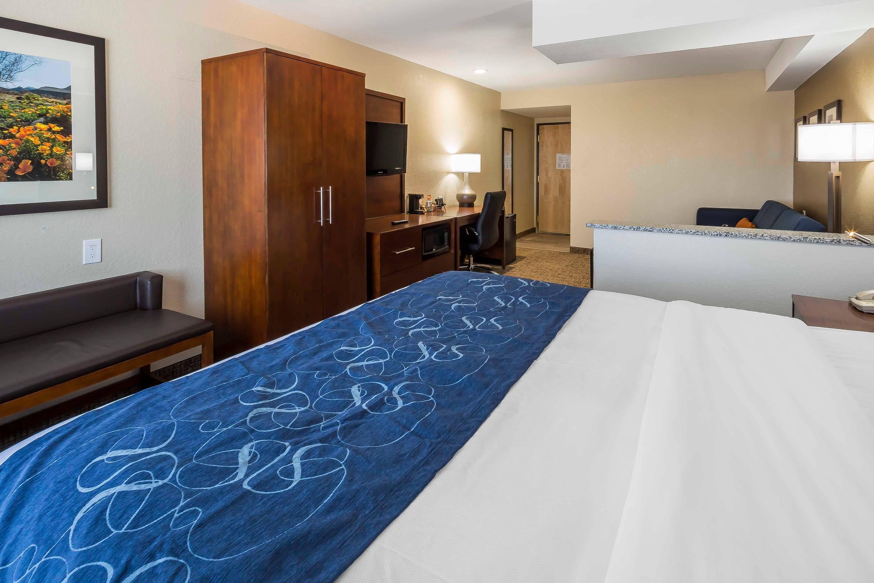 A hotel room with a bed, a desk, a chair, a television, and a wardrobe.