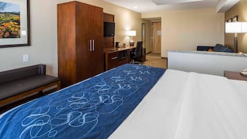 A hotel room with a bed, a desk, a chair, a television, and a wardrobe.