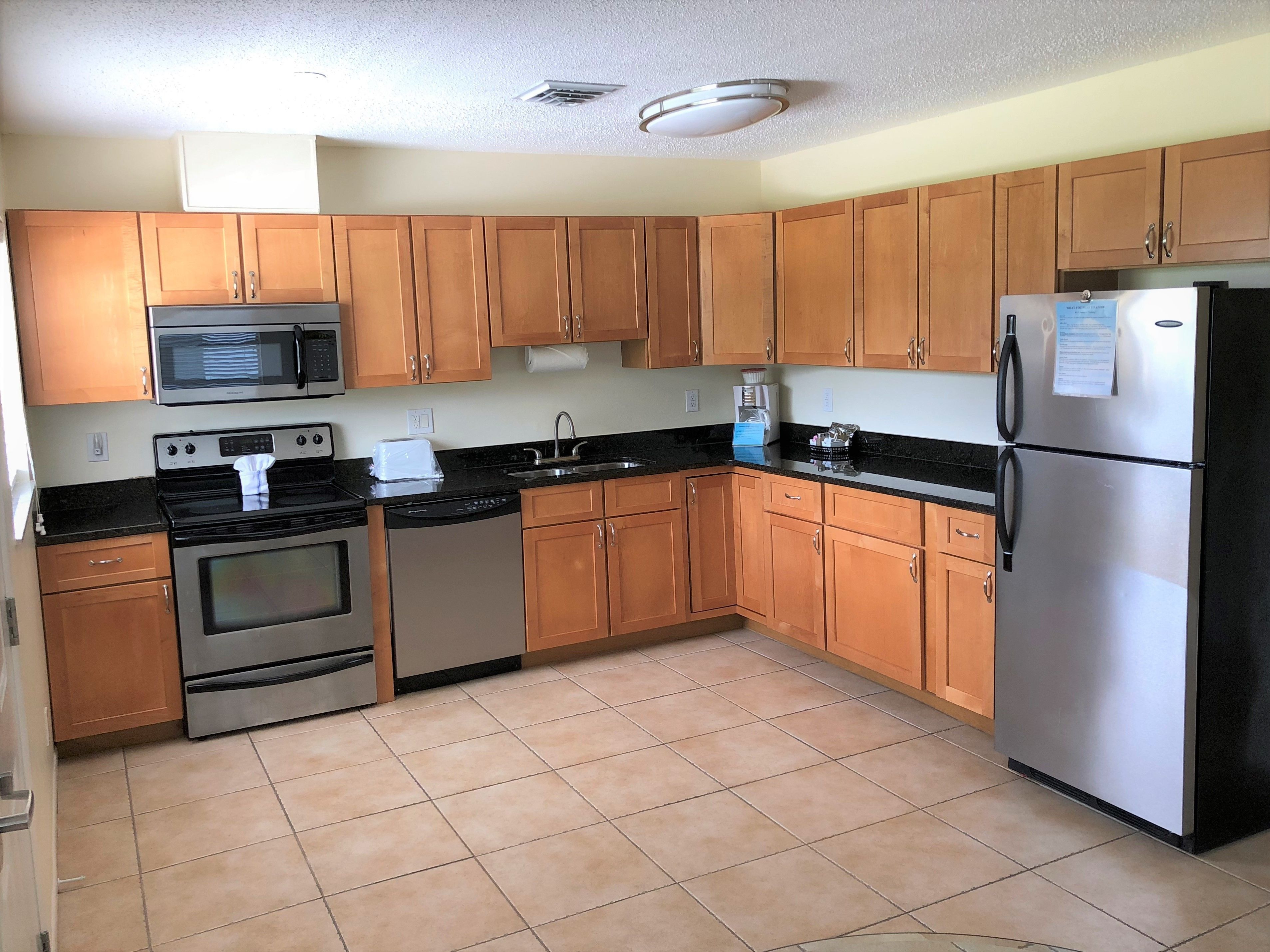 full-sized fridge, microwave, coffee/tea maker, toaster