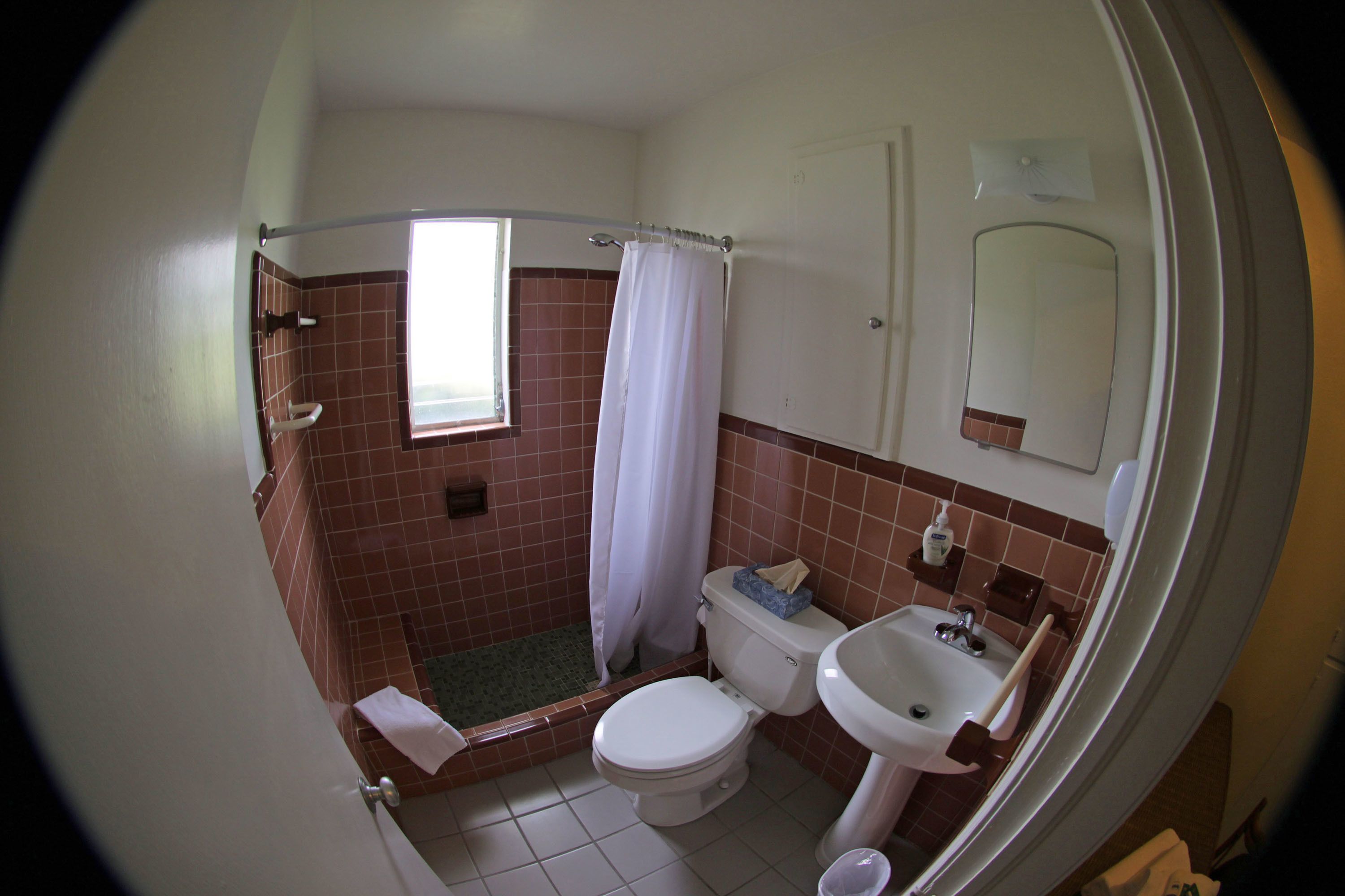 A bathroom with a toilet, sink, shower, and a window.