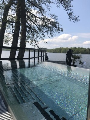 An infinity pool with a clear view of the lake and trees.