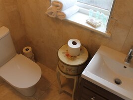 Baño con inodoro, lavamanos y ventana con toallas.