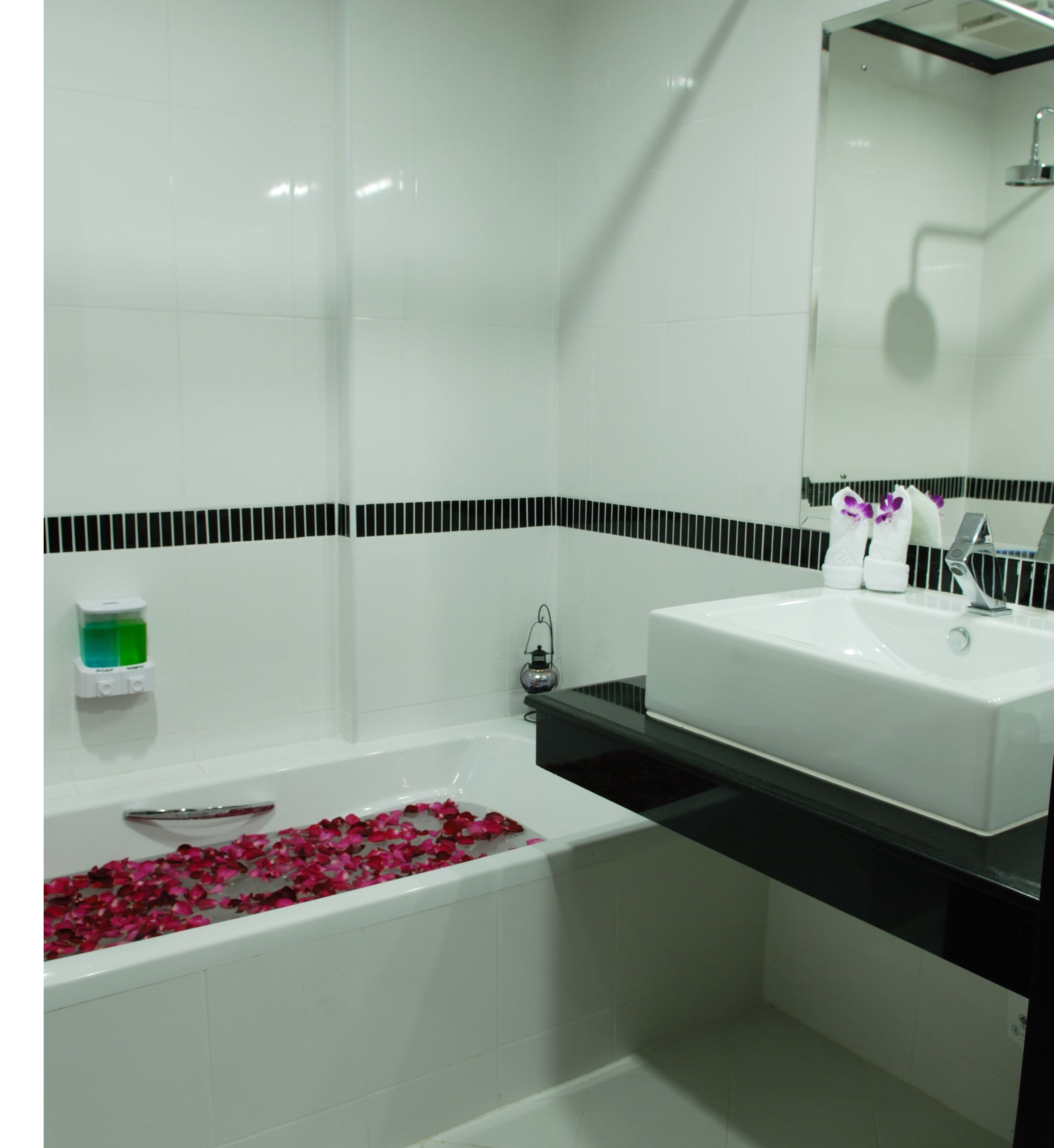 combined shower/bathtub, deep-soaking bathtub, free toiletries