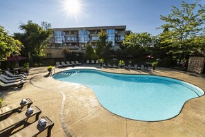 A swimming pool with lounge chairs and umbrellas, surrounded by trees and a building in the background.