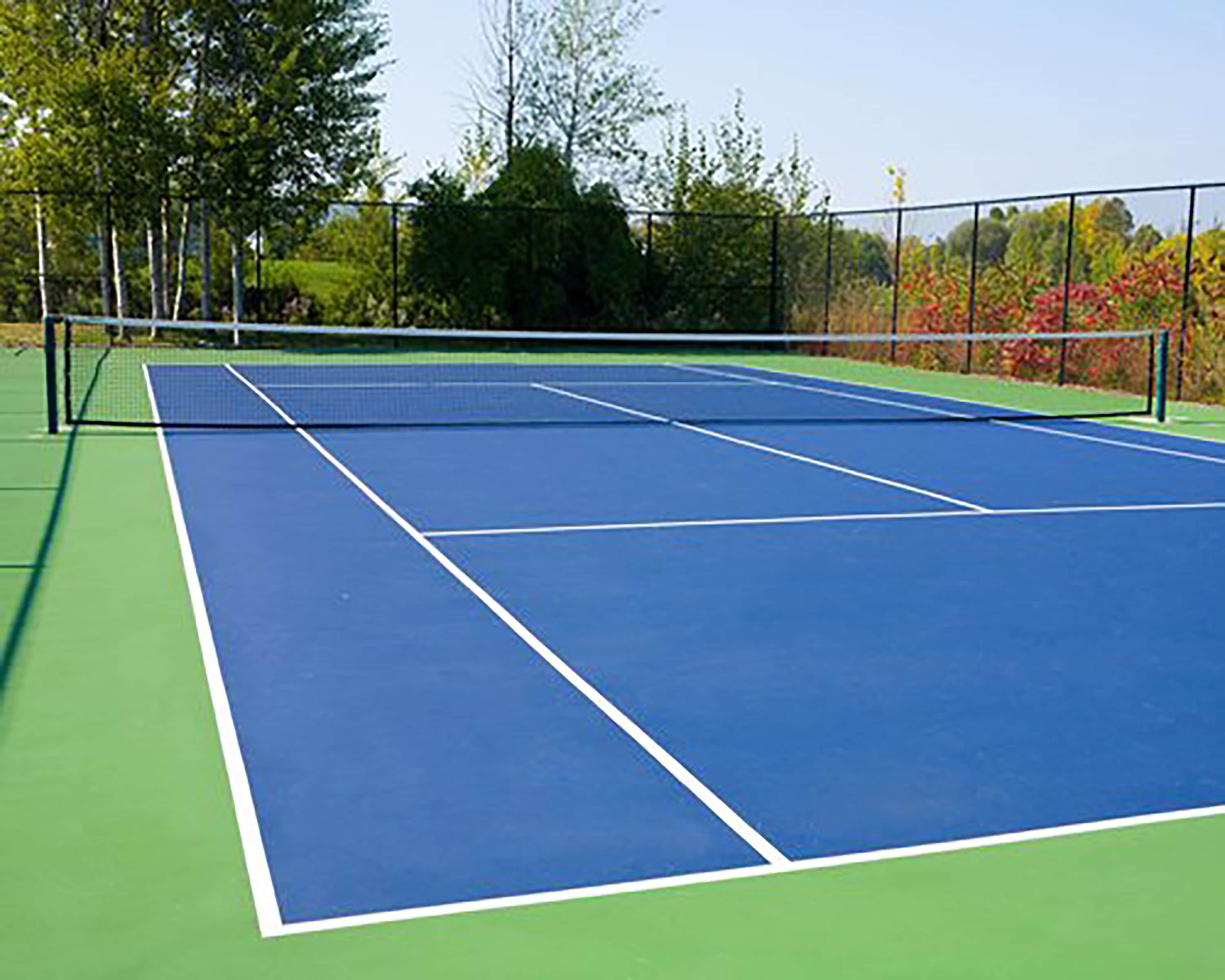 Un court de tennis avec un filet, entouré d’arbres et d’une clôture.